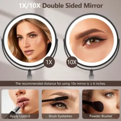 8-in 20cm Illuminated Makeup Mirror Light Magnifying 10x with Three Tone Light and Adjustable Height Suitable for Office desks Rechargeable 360 Rotating Double-sided LED Makeup Mirror