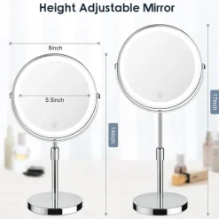 8-in 20cm Illuminated Makeup Mirror Light Magnifying 10x with Three Tone Light and Adjustable Height Suitable for Office desks Rechargeable 360 Rotating Double-sided LED Makeup Mirror