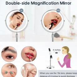 8-in 20cm Illuminated Makeup Mirror Light Magnifying 10x with Three Tone Light and Adjustable Height Suitable for Office desks Rechargeable 360 Rotating Double-sided LED Makeup Mirror
