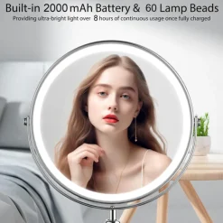 8-in 20cm Illuminated Makeup Mirror Light Magnifying 10x with Three Tone Light and Adjustable Height Suitable for Office desks Rechargeable 360 Rotating Double-sided LED Makeup Mirror