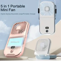 5-in-1 Mini Portable Fan – Foldable Wearable USB Fan with 3000mAh Battery, 4 Speeds for Neck, Handheld, or Desk Use