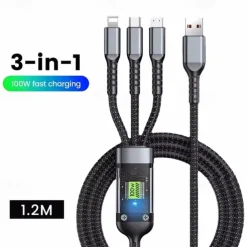 3-in-1 100W Fast Charging Cable Smart Super Fast Charging Support Multi-Interface Charging USB Visual Power Charging Cable Compatible With Apple Samsung OPPO Car Fast Charging Cable