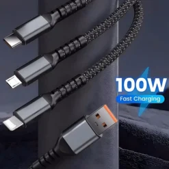 3-in-1 100W Fast Charging Cable Smart Super Fast Charging Support Multi-Interface Charging USB Visual Power Charging Cable Compatible With Apple Samsung OPPO Car Fast Charging Cable