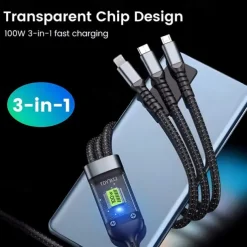 3-in-1 100W Fast Charging Cable Smart Super Fast Charging Support Multi-Interface Charging USB Visual Power Charging Cable Compatible With Apple Samsung OPPO Car Fast Charging Cable