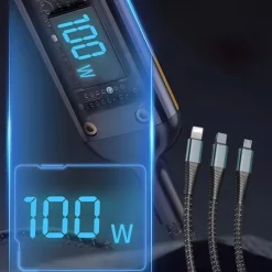 3-in-1 100W Fast Charging Cable Smart Super Fast Charging Support Multi-Interface Charging USB Visual Power Charging Cable Compatible With Apple Samsung OPPO Car Fast Charging Cable