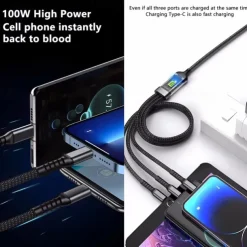3-in-1 100W Fast Charging Cable Smart Super Fast Charging Support Multi-Interface Charging USB Visual Power Charging Cable Compatible With Apple Samsung OPPO Car Fast Charging Cable