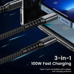 3-in-1 100W Fast Charging Cable Smart Super Fast Charging Support Multi-Interface Charging USB Visual Power Charging Cable Compatible With Apple Samsung OPPO Car Fast Charging Cable