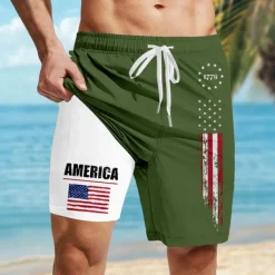 Independence Day Men's American US Flag Patriotic 1776 Lined Shorts 2 in 1 Board Shorts Swim Trunks Mid Waist Holiday Side Pockets With Compression Liner Elastic Drawstring Waist Designer Clothing