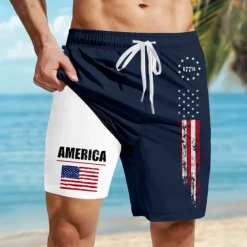 Independence Day Men's American US Flag Patriotic 1776 Lined Shorts 2 in 1 Board Shorts Swim Trunks Mid Waist Holiday Side Pockets With Compression Liner Elastic Drawstring Waist Designer Clothing