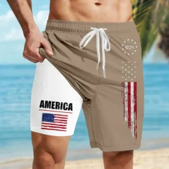Independence Day Men's American US Flag Patriotic 1776 Lined Shorts 2 in 1 Board Shorts Swim Trunks Mid Waist Holiday Side Pockets With Compression Liner Elastic Drawstring Waist Designer Clothing