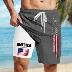 Independence Day Men's American US Flag Patriotic 1776 Lined Shorts 2 in 1 Board Shorts Swim Trunks Mid Waist Holiday Side Pockets With Compression Liner Elastic Drawstring Waist Designer Clothing