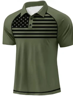 Independence Day Men's American US Flag Polo Short Sleeve Polo Shirts Polo Collar Sporty Casual Daily Casual Festival Buttons 3D Print Raglan Sleeves Summer White Navy Blue Military Green