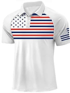 Independence Day Men's American US Flag Polo Short Sleeve Polo Shirts Polo Collar Sporty Casual Daily Casual Festival Buttons 3D Print Raglan Sleeves Summer White Navy Blue Military Green