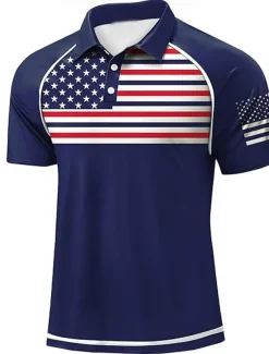 Independence Day Men's American US Flag Polo Short Sleeve Polo Shirts Polo Collar Sporty Casual Daily Casual Festival Buttons 3D Print Raglan Sleeves Summer White Navy Blue Military Green