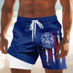 Independence Day Men's US Flag Patriotic Fourth of July Lined Shorts 2 in 1 Board Shorts Swim Trunks Mid Waist Holiday Side Pockets With Compression Liner Elastic Drawstring Waist Designer Clothing