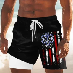 Independence Day Men's US Flag Patriotic Fourth of July Lined Shorts 2 in 1 Board Shorts Swim Trunks Mid Waist Holiday Side Pockets With Compression Liner Elastic Drawstring Waist Designer Clothing