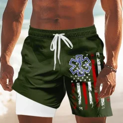 Independence Day Men's US Flag Patriotic Fourth of July Lined Shorts 2 in 1 Board Shorts Swim Trunks Mid Waist Holiday Side Pockets With Compression Liner Elastic Drawstring Waist Designer Clothing