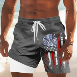 Independence Day Men's US Flag Patriotic Fourth of July Lined Shorts 2 in 1 Board Shorts Swim Trunks Mid Waist Holiday Side Pockets With Compression Liner Elastic Drawstring Waist Designer Clothing