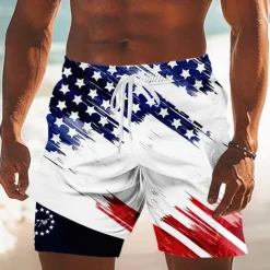Independence Day Men's US Flag Patriotic Fourth of July Lined Shorts 2 in 1 Board Shorts Swim Trunks Mid Waist Holiday Side Pockets With Compression Liner Elastic Drawstring Waist Designer Clothing