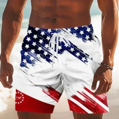 Independence Day Men's US Flag Patriotic Fourth of July Lined Shorts 2 in 1 Board Shorts Swim Trunks Mid Waist Holiday Side Pockets With Compression Liner Elastic Drawstring Waist Designer Clothing