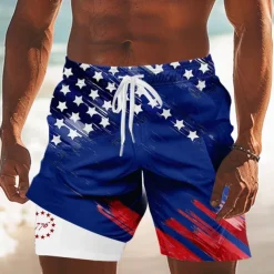 Independence Day Men's US Flag Patriotic Fourth of July Lined Shorts 2 in 1 Board Shorts Swim Trunks Mid Waist Holiday Side Pockets With Compression Liner Elastic Drawstring Waist Designer Clothing