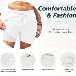 Independence Day Men's US Flag Patriotic Fourth of July Lined Shorts 2 in 1 Board Shorts Swim Trunks Mid Waist Holiday Side Pockets With Compression Liner Elastic Drawstring Waist Designer Clothing