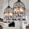 Industrial 13.78" 4 Lights Pendant Retro Chandelier Vintage Ceiling Light lamp Bird Cage Shaped Bedroom Pendant Hanging Lighting Fixture with Crystal Accent in Black Finish