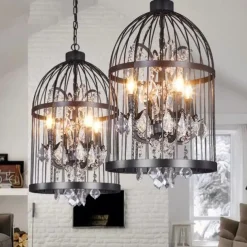 Industrial 13.78" 4 Lights Pendant Retro Chandelier Vintage Ceiling Light lamp Bird Cage Shaped Bedroom Pendant Hanging Lighting Fixture with Crystal Accent in Black Finish