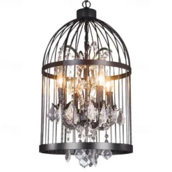 Industrial 13.78" 4 Lights Pendant Retro Chandelier Vintage Ceiling Light lamp Bird Cage Shaped Bedroom Pendant Hanging Lighting Fixture with Crystal Accent in Black Finish