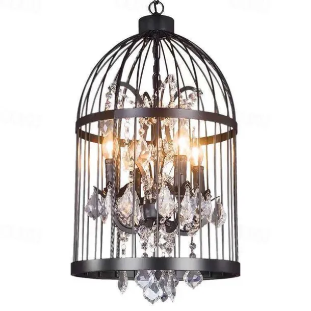 Industrial 13.78" 4 Lights Pendant Retro Chandelier Vintage Ceiling Light lamp Bird Cage Shaped Bedroom Pendant Hanging Lighting Fixture with Crystal Accent in Black Finish