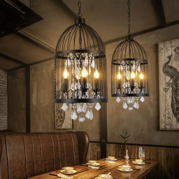 Industrial 13.78" 4 Lights Pendant Retro Chandelier Vintage Ceiling Light lamp Bird Cage Shaped Bedroom Pendant Hanging Lighting Fixture with Crystal Accent in Black Finish