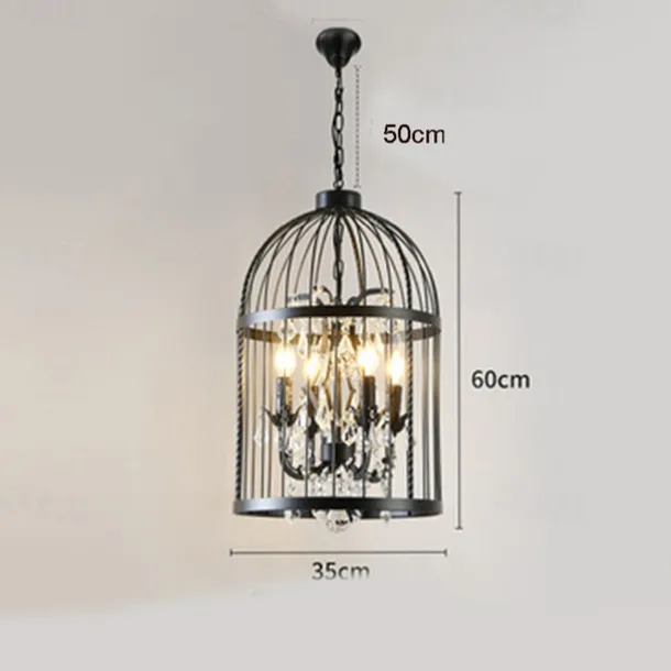 Industrial 13.78" 4 Lights Pendant Retro Chandelier Vintage Ceiling Light lamp Bird Cage Shaped Bedroom Pendant Hanging Lighting Fixture with Crystal Accent in Black Finish