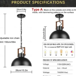 Industrial Retro Pendant Light Metal Chandelier Modern Farmhouse Balcony Corridor Decorative Lighting Fixture Bedside Black Hanging Lamp 1 Head 110-240V