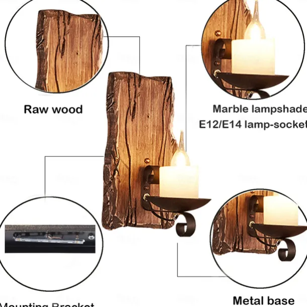 Industrial Style Rural Retro Wood Wall Lamp Marble Lampshade Gray Log Suitable for Indoor Farmhouse Coffee Kitchen Study Lighting E14/E12 Candle Bulb AC110V AC220V