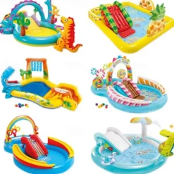 Inflatable Dinosaur Play Center Outdoor Playhouse Inflatable Water Park with Kid Pool Slide, Water Sprayer, Waterfall, and 6 Balls, Multicolor