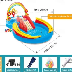 Inflatable Dinosaur Play Center Outdoor Playhouse Inflatable Water Park with Kid Pool Slide, Water Sprayer, Waterfall, and 6 Balls, Multicolor