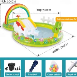 Inflatable Dinosaur Play Center Outdoor Playhouse Inflatable Water Park with Kid Pool Slide, Water Sprayer, Waterfall, and 6 Balls, Multicolor