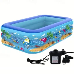 Inflatable Top Ring Swimming Pool Family Size PVC Paddling Pool with Multiple Components - Electricity-Free Home Swim and Play Pool with Thickened Marine Ball Pit Design