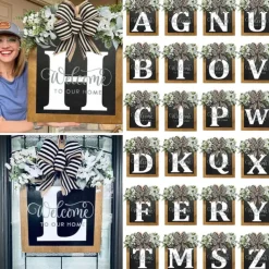 Initial Last Name Year Round Front Door Wreath Welcome Sign Garland Personalized Creative 26 Letter Farmhouse Wreath for Front Door Spring All Seasons Outside Hanger Decor Gift