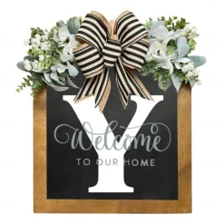 Initial Last Name Year Round Front Door Wreath Welcome Sign Garland Personalized Creative 26 Letter Farmhouse Wreath for Front Door Spring All Seasons Outside Hanger Decor Gift