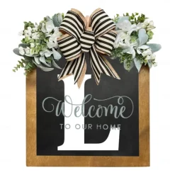 Initial Last Name Year Round Front Door Wreath Welcome Sign Garland Personalized Creative 26 Letter Farmhouse Wreath for Front Door Spring All Seasons Outside Hanger Decor Gift