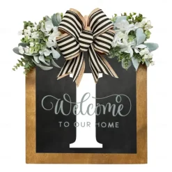 Initial Last Name Year Round Front Door Wreath Welcome Sign Garland Personalized Creative 26 Letter Farmhouse Wreath for Front Door Spring All Seasons Outside Hanger Decor Gift