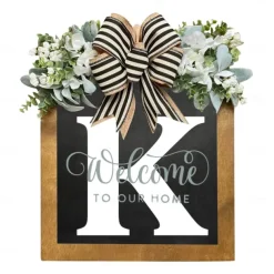 Initial Last Name Year Round Front Door Wreath Welcome Sign Garland Personalized Creative 26 Letter Farmhouse Wreath for Front Door Spring All Seasons Outside Hanger Decor Gift