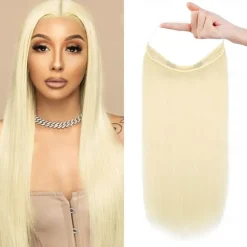 Invisible Wire Hair Extensions with Transparent Headband Adjustable Size Removable Secure Clips in Straight Secret Hairpiece for Women