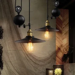 Iron Indoor Island Pulley Chandelier Retro Pendant Light Finish with Highlights Metallic Interior Ceiling Hanging Lamp