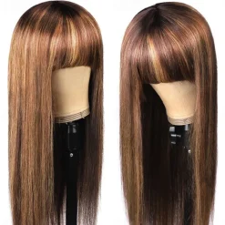 Ishow Hair Highlgiht Straight Human Hair Wigs With Bangs Fringe 180 Density Full Machine Made Straight Hair Wigs Remy Wigs