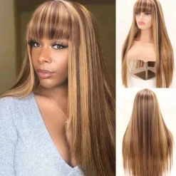 Ishow Hair Highlgiht Straight Human Hair Wigs With Bangs Fringe 180 Density Full Machine Made Straight Hair Wigs Remy Wigs