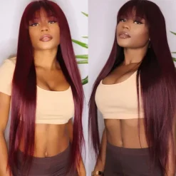 99J Wig Burg Red Bone Straight Human Hair Wig With Bangs For Women Brazilian Remy Hair Colored Halloween Cosplay Wigs