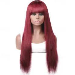 99J Wig Burg Red Bone Straight Human Hair Wig With Bangs For Women Brazilian Remy Hair Colored Halloween Cosplay Wigs