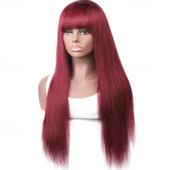 99J Wig Burg Red Bone Straight Human Hair Wig With Bangs For Women Brazilian Remy Hair Colored Halloween Cosplay Wigs